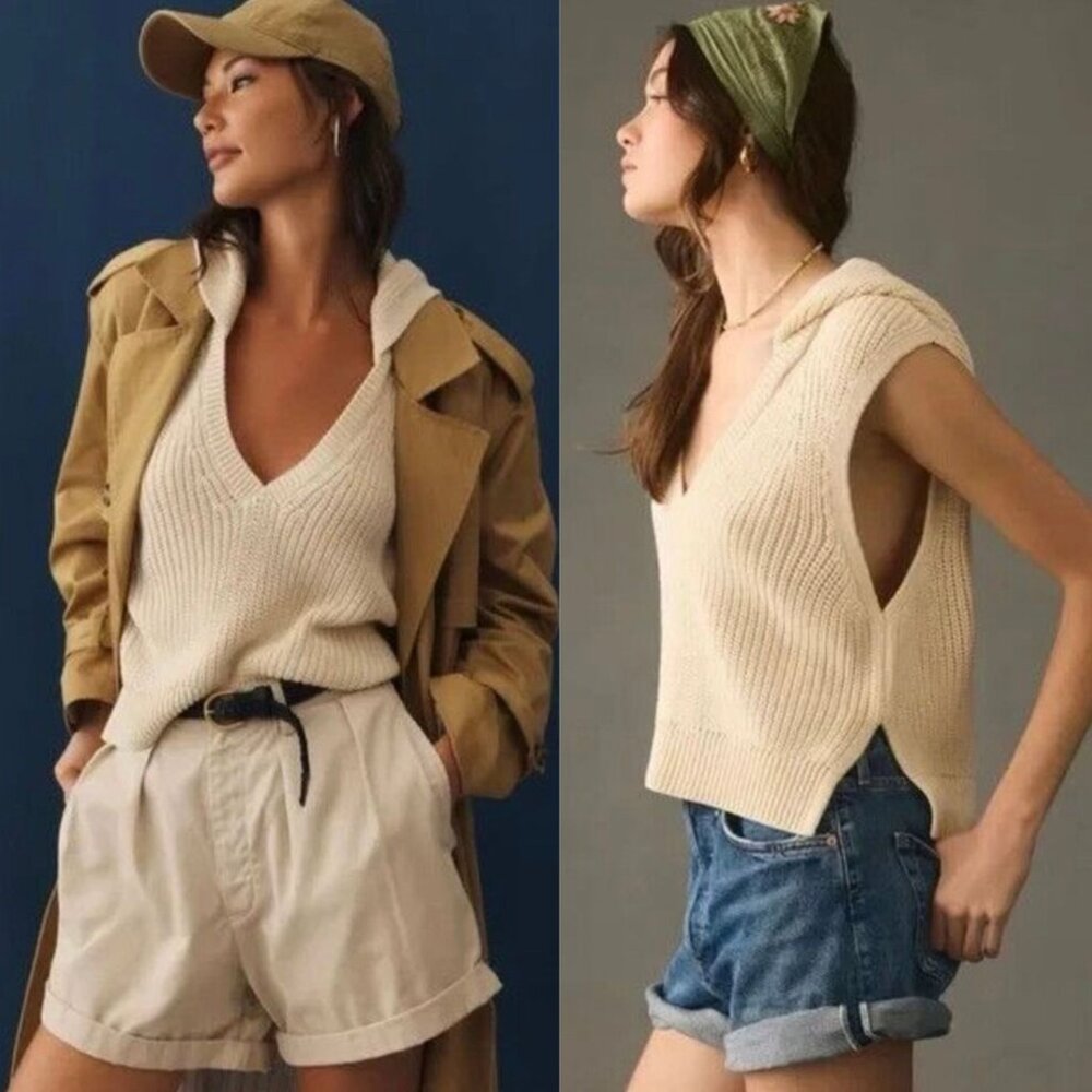 Anthropologie Pilcro Knit Sleeveless Hooded V Neck Sweater Cream Size Medium